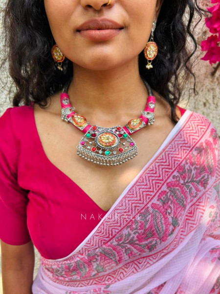 Mirza Pink Thread Necklace Set with Oxidised Pendant and Earrings