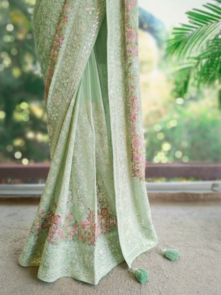 Ecru Grace Pista Green Embroidered Elegance Saree with Sequin Detailing
