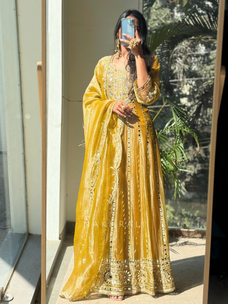 Evara Mustard Tissue Anarkali Suit Set with Mirror and Gota Work