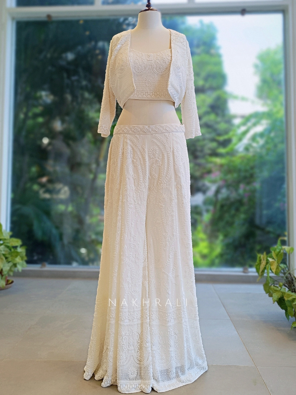 Pale Ethereal Crop Top Plazo Set with Jacket White Indo-Western