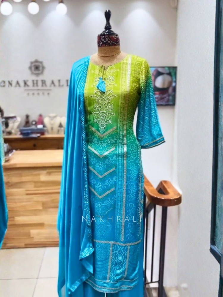 Image of Navera Blue-Green Bandhani Suit Set with Bead Work