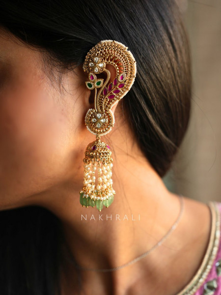 Karnphool Green Stone Golden Ear-Cuff Jhumkas