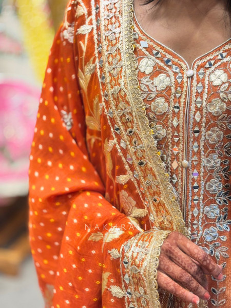 Nooriza Orange Anarkali Set with Mirror Gota Patti and Zari Work