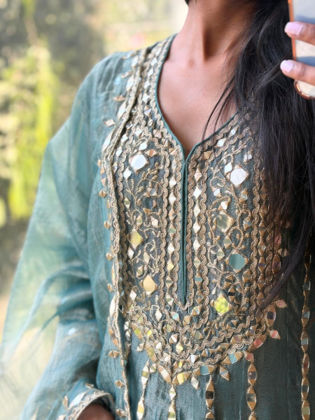 Evara Teal Blue Tissue Anarkali Suit Set with Mirror and Gota Work