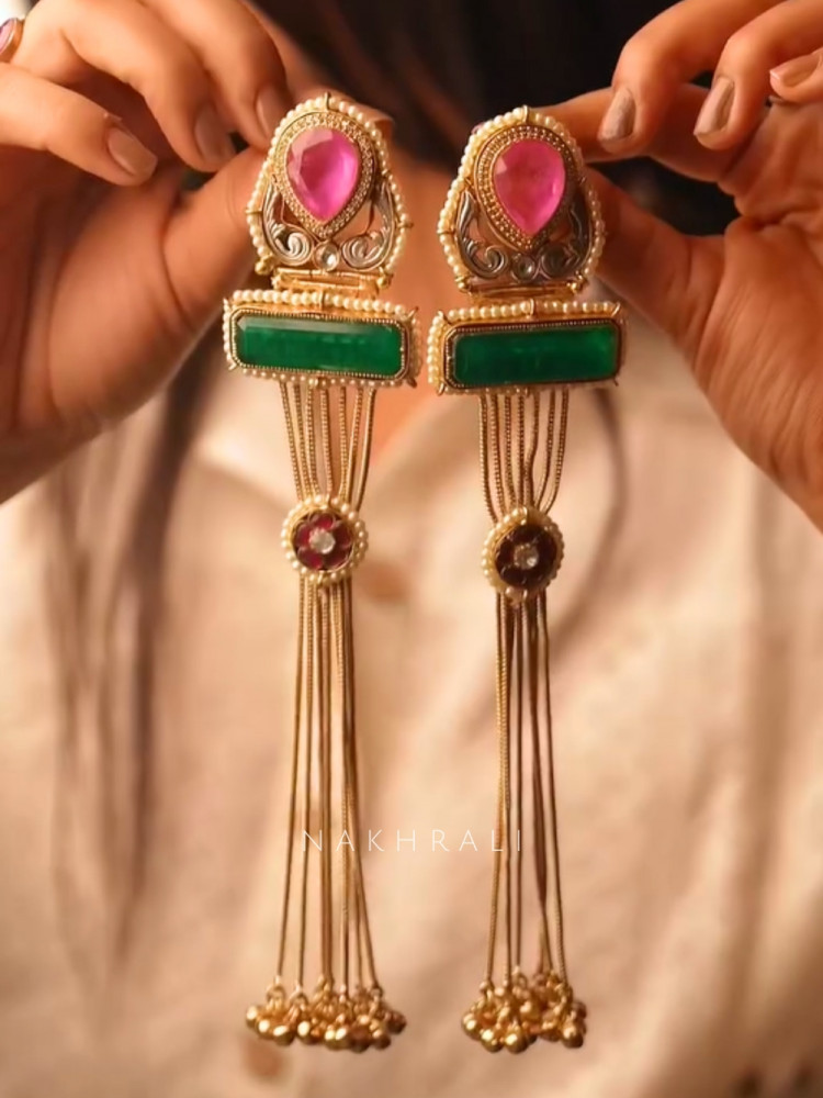 Image of Arohi Pink &amp; Green Stone Kashmiri Earring
