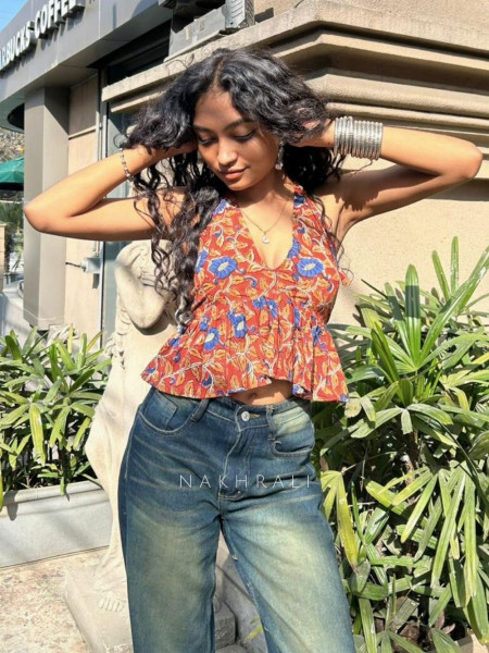 Roselle Frill Red Printed Crop Top