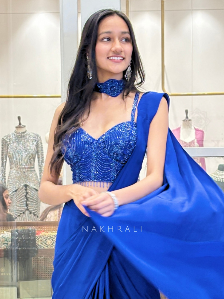 Image of Midnight Glitz Blue Drape Saree with Embellished Blouse