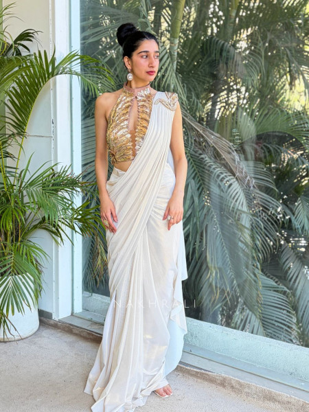 Sera Ivory Shimmer Halter Neck Drape Saree