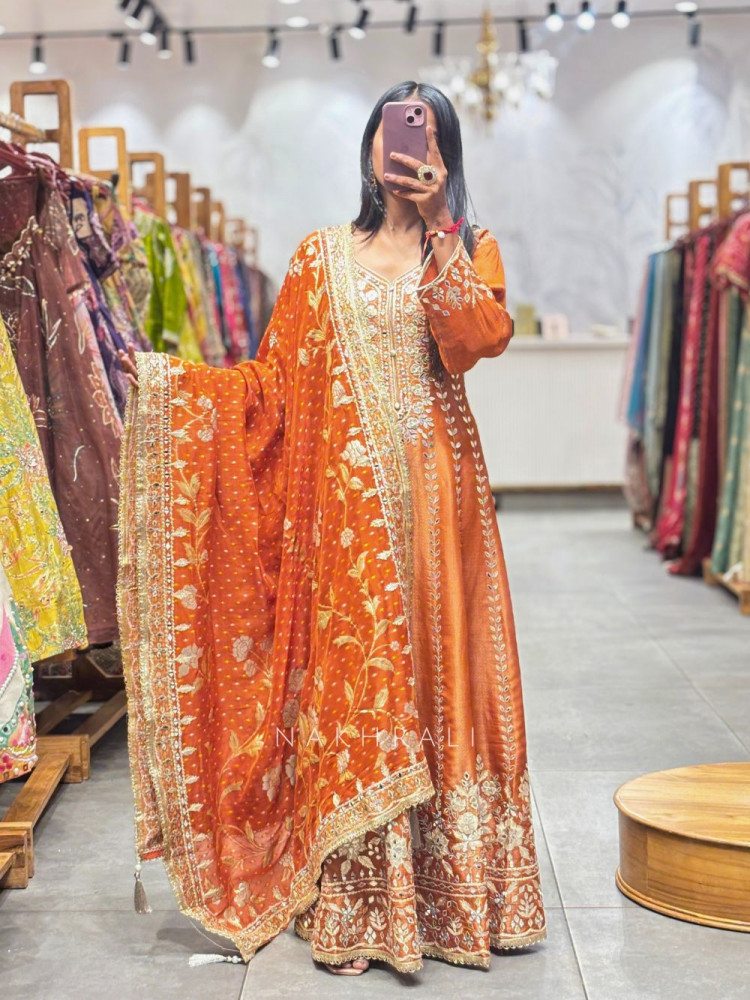 Image of Nooriza Orange Anarkali Set with Mirror Gota Patti and Zari Work