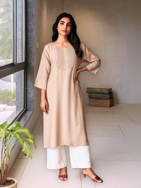 Naira Beige Cotton Kurta with Pleated Neck and Embroidery