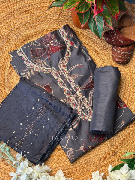 Moonlit Grey Printed Suit Set with Sequin Dupatta