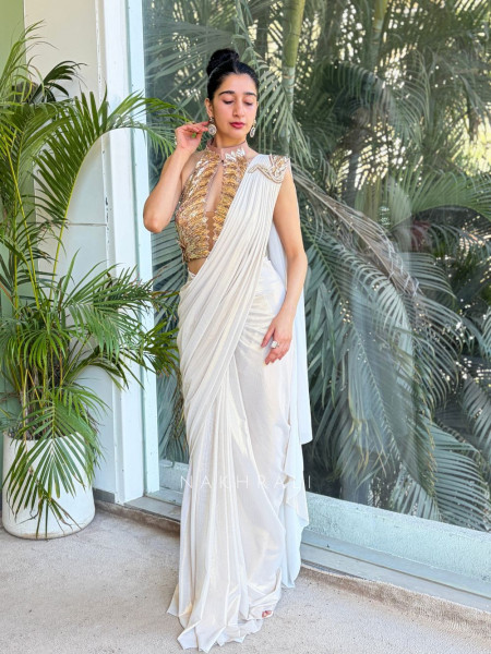 Sera Ivory Shimmer Halter Neck Drape Saree