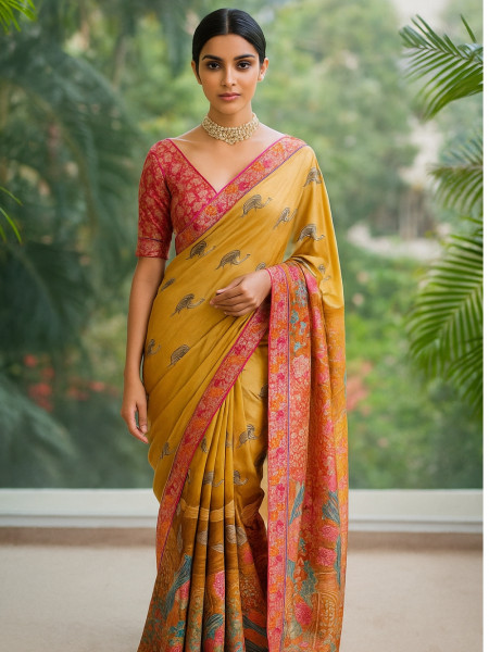Gulzar Yellow Dola Silk Printed Saree with Brocade Border