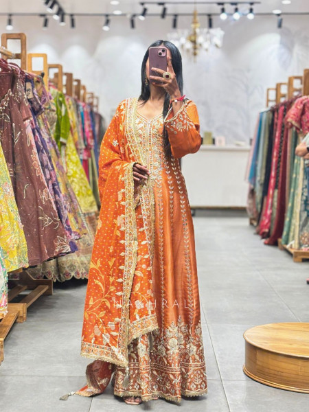 Nooriza Orange Anarkali Set with Mirror Gota Patti and Zari Work