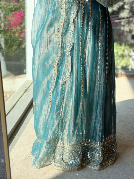 Evara Teal Blue Tissue Anarkali Suit Set with Mirror and Gota Work