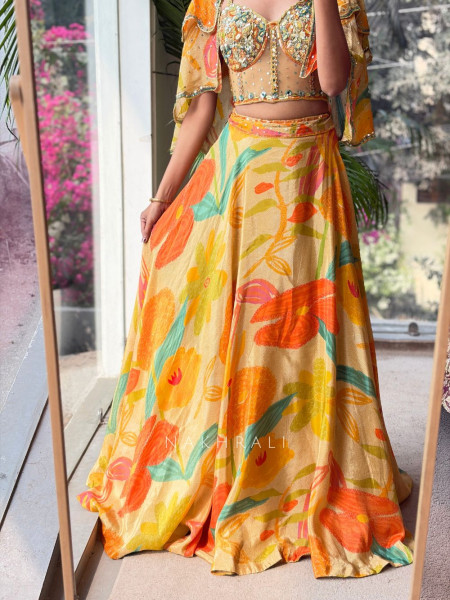 Kesari Yellow Floral Lehenga Set with Embellished Corset Blouse
