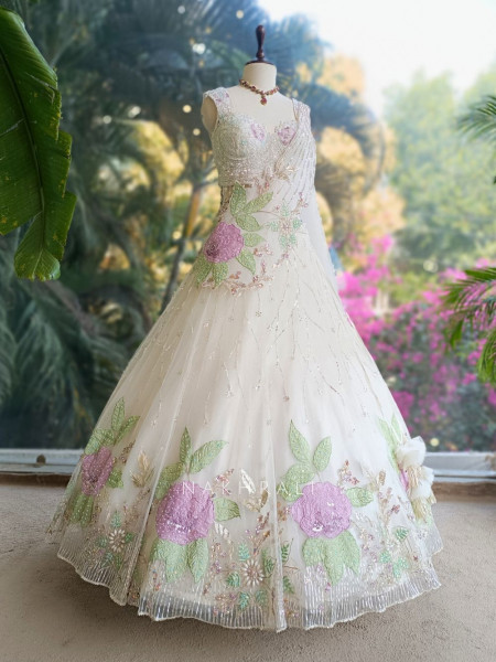 Floral Symphony White Indo-Western Lehenga Set