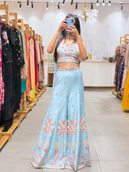 Brynna Blue Crop Top Palazzo Set with Sequin and Bead Work