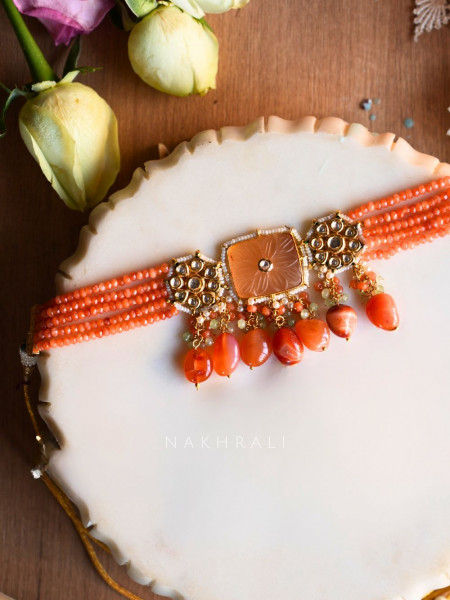 Vairi Orange Kundan Beaded Choker Set