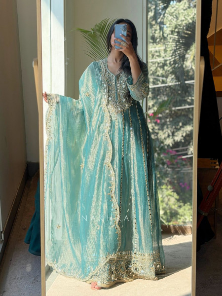 Evara Teal Blue Tissue Anarkali Suit Set with Mirror and Gota Work