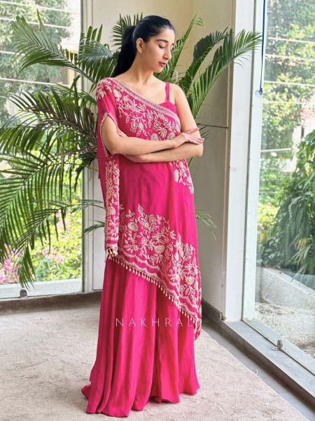 Azure Bloom Cape Magenta Top Sharara Set with Cut dana Work
