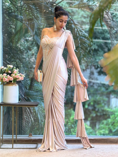 Divine Glow Peach Drape Saree with Cutdana and Mirror Work