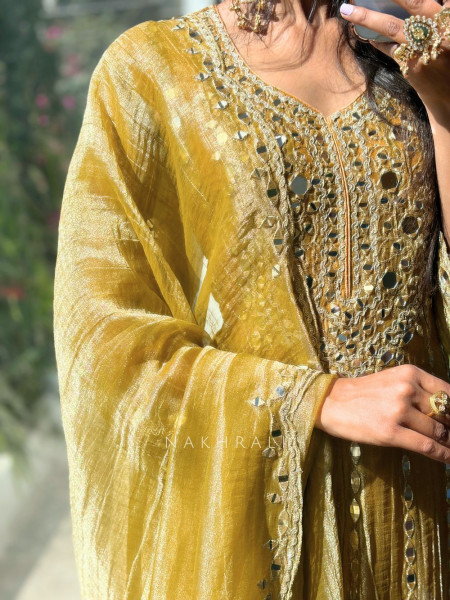 Evara Mustard Tissue Anarkali Suit Set with Mirror and Gota Work