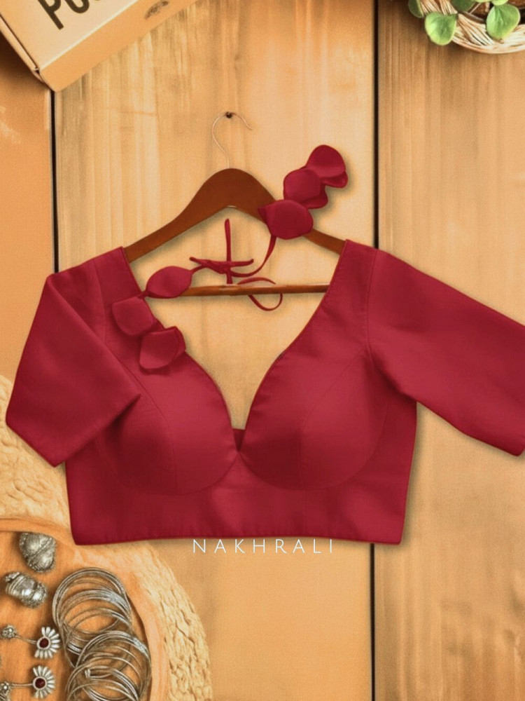 Image of Chandani Red Cotton Blouse with Petal Tie-Back Detail