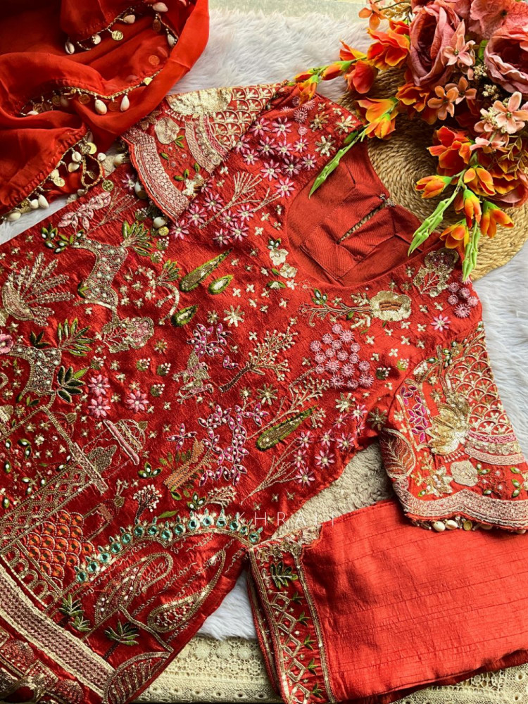 Image of Mehrya Orange Embroidered Kurta Pant Set