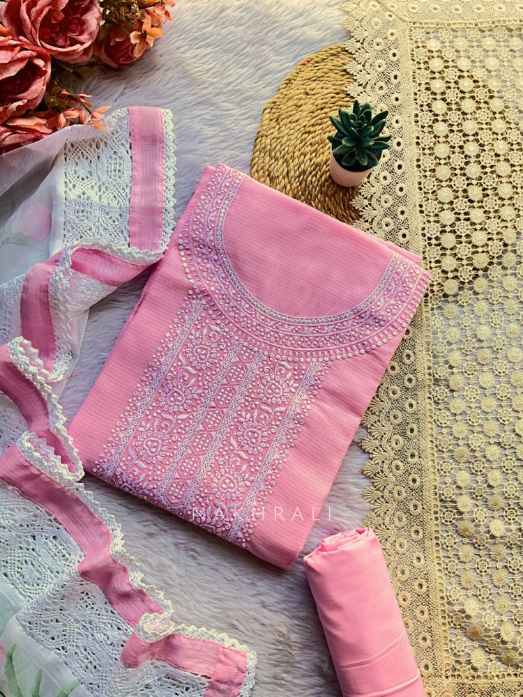 Image of Urvashi Pink Floral Dress Material Set