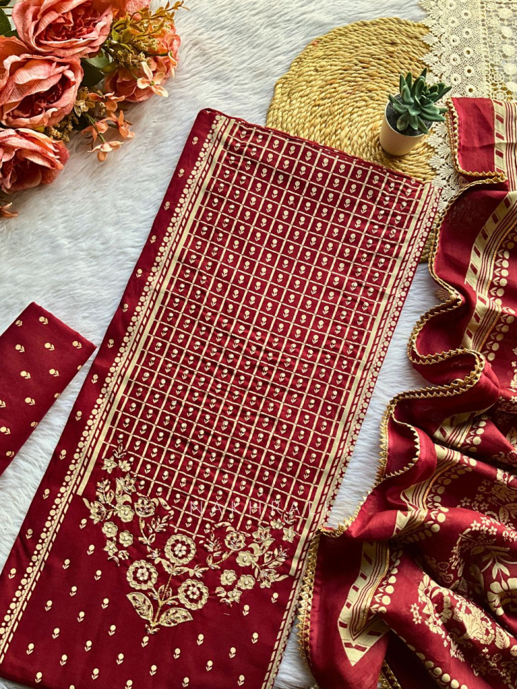 Image of Grid Bloom Maroon Embroidered Dress Material Set