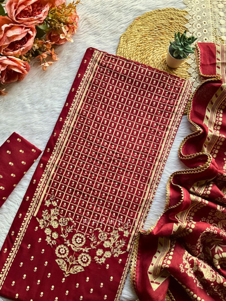 Grid Bloom Maroon Embroidered Dress Material Set