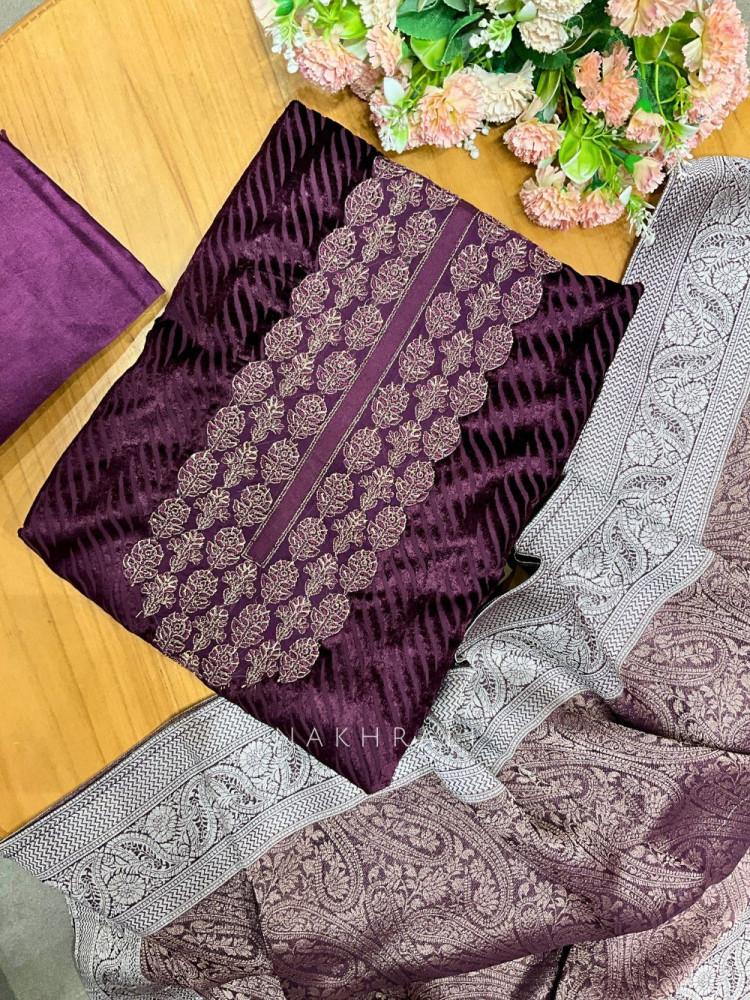 Image of Velour Bloom Purple Velvet Dress Material with Embroidered Detailing