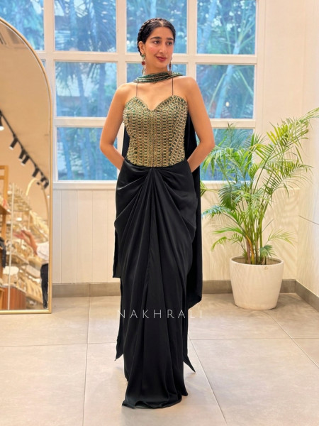 Rubaiyat Black Satin-Crepe – Indo-Western Crop Top Skirt Set