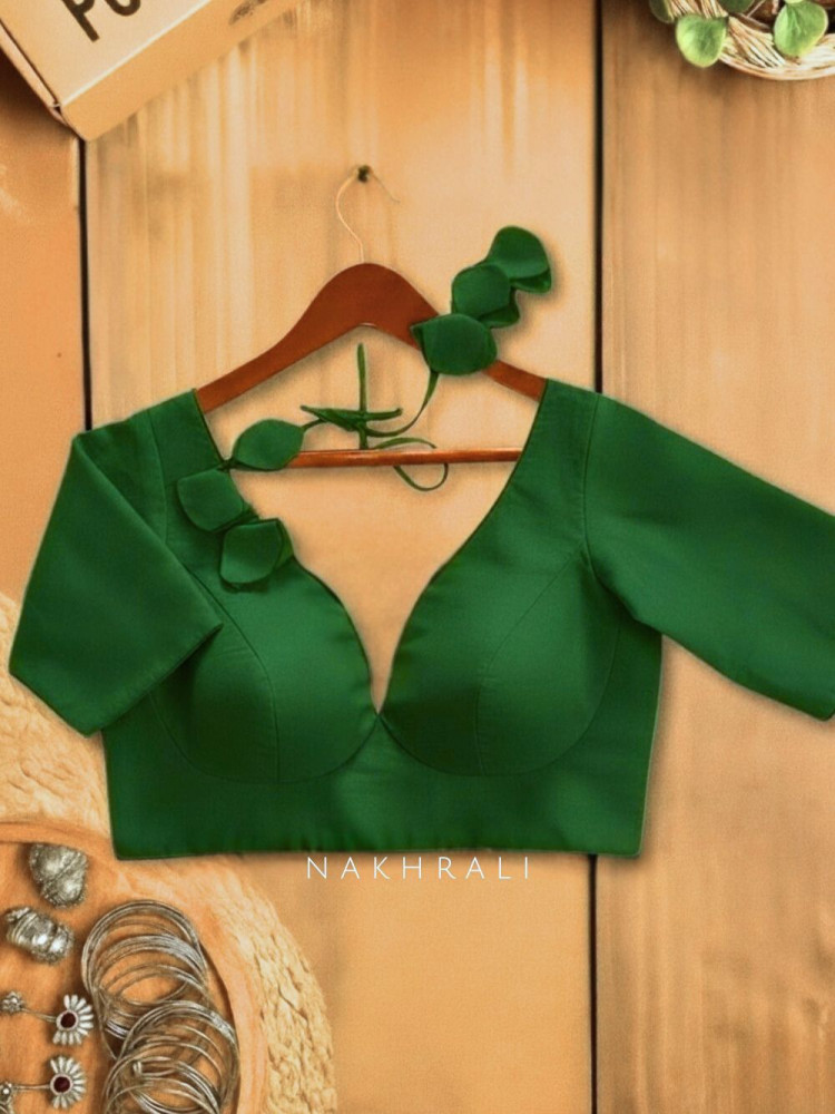 Image of Chandani Green Cotton Blouse with Petal Tie-Back Detail