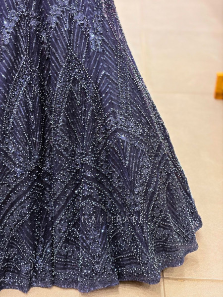 Graphite Blue Mesh Net & Shimmer Georgette Indo Western Mermaid Crop Top Skirt Set