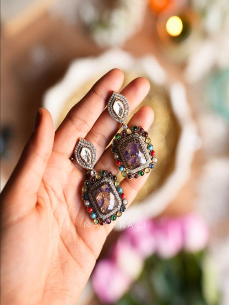 Image of Aurielle Purple Dual-Tone Stone Drop Earrings