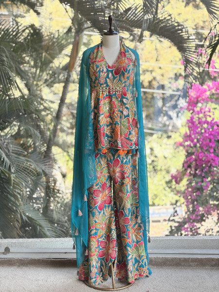 Gulrang Bloom Blue Indo-Western Peplum Set