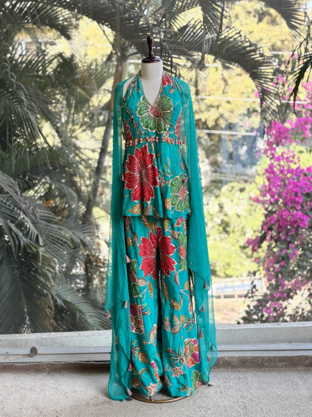 Garden Bloom Blue Indo-Western Peplum Set