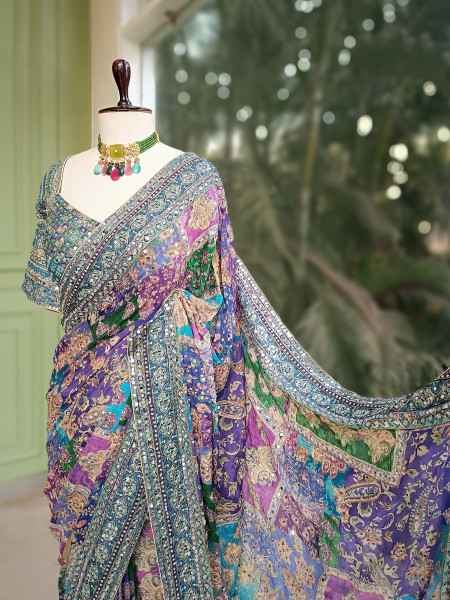 Tamaswini Blue Saree with Stone, Zari & Sequin Work