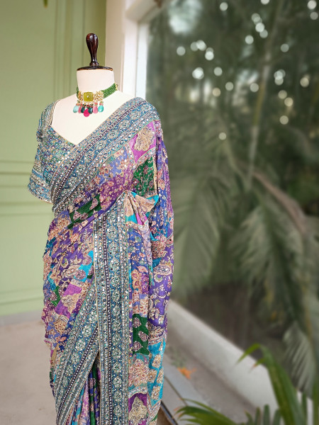 Tamaswini Blue Saree with Stone, Zari & Sequin Work