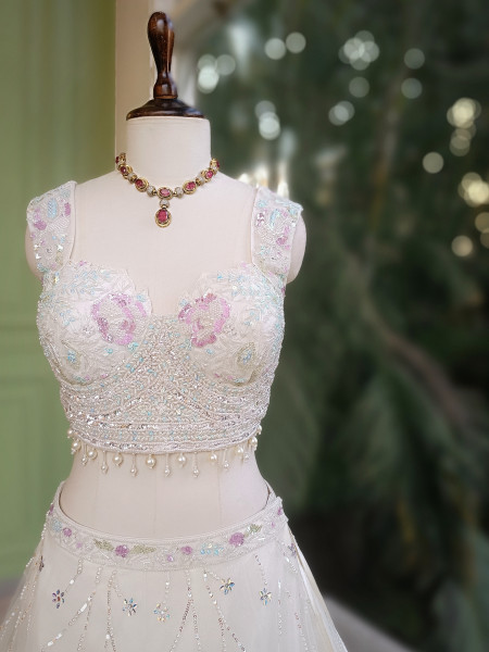 Floral Symphony White Indo-Western Lehenga Set