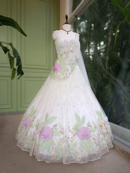 Floral Symphony White Indo-Western Lehenga Set