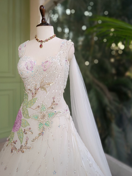 Floral Symphony White Indo-Western Lehenga Set