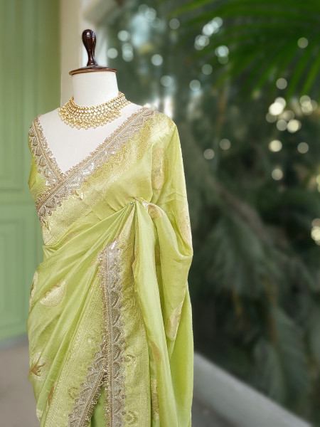 Light Green Heritage Zari Border Woven Saree