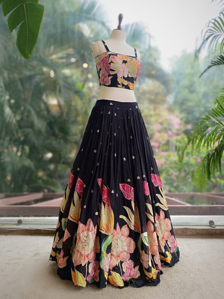 Image of Rosabelle Black Floral Lehenga Set