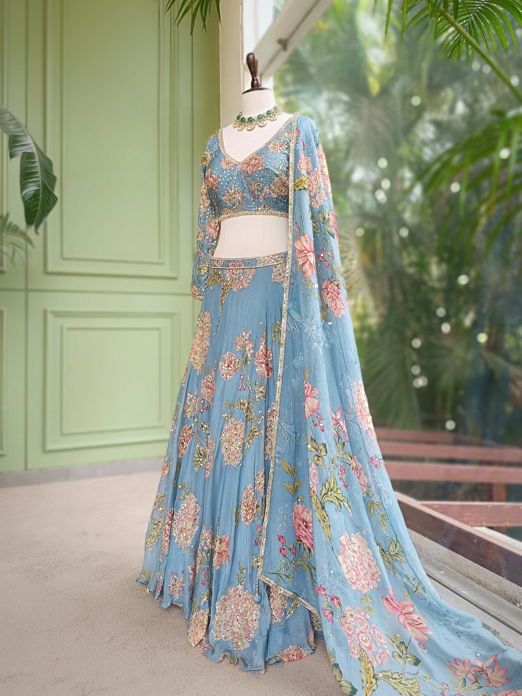 Image of Vihana Sky Blue Lehenga Set with Floral Print and Sequin Work