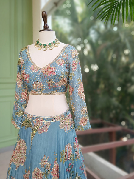 Vihana Sky Blue Lehenga Set with Floral Print and Sequin Work