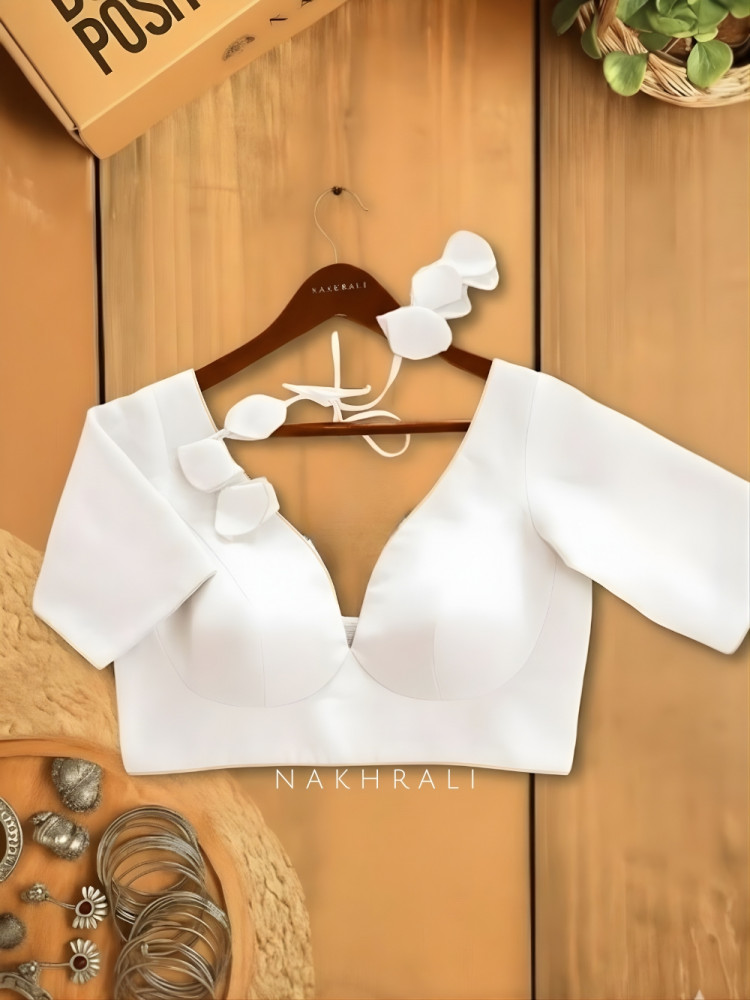 Image of Chandani White Cotton Blouse with Petal Tie-Back Detail