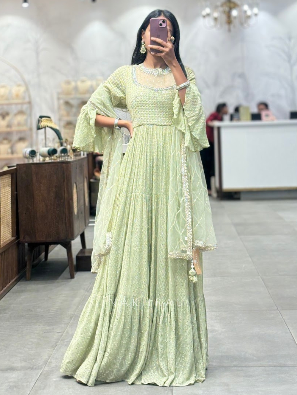 Pista Green Anarkali Pant Dupatta Set with Mirror and Thread Work Pista Green Anarkali Pant Dupatta Set with Mirror and Thread Work